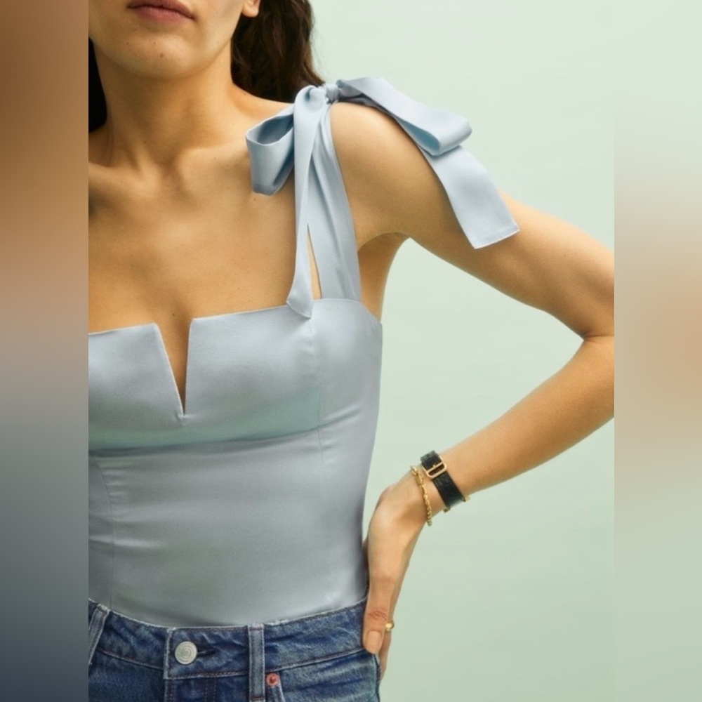 Reformation Daisy Silk TopLight Blue Bow Strap